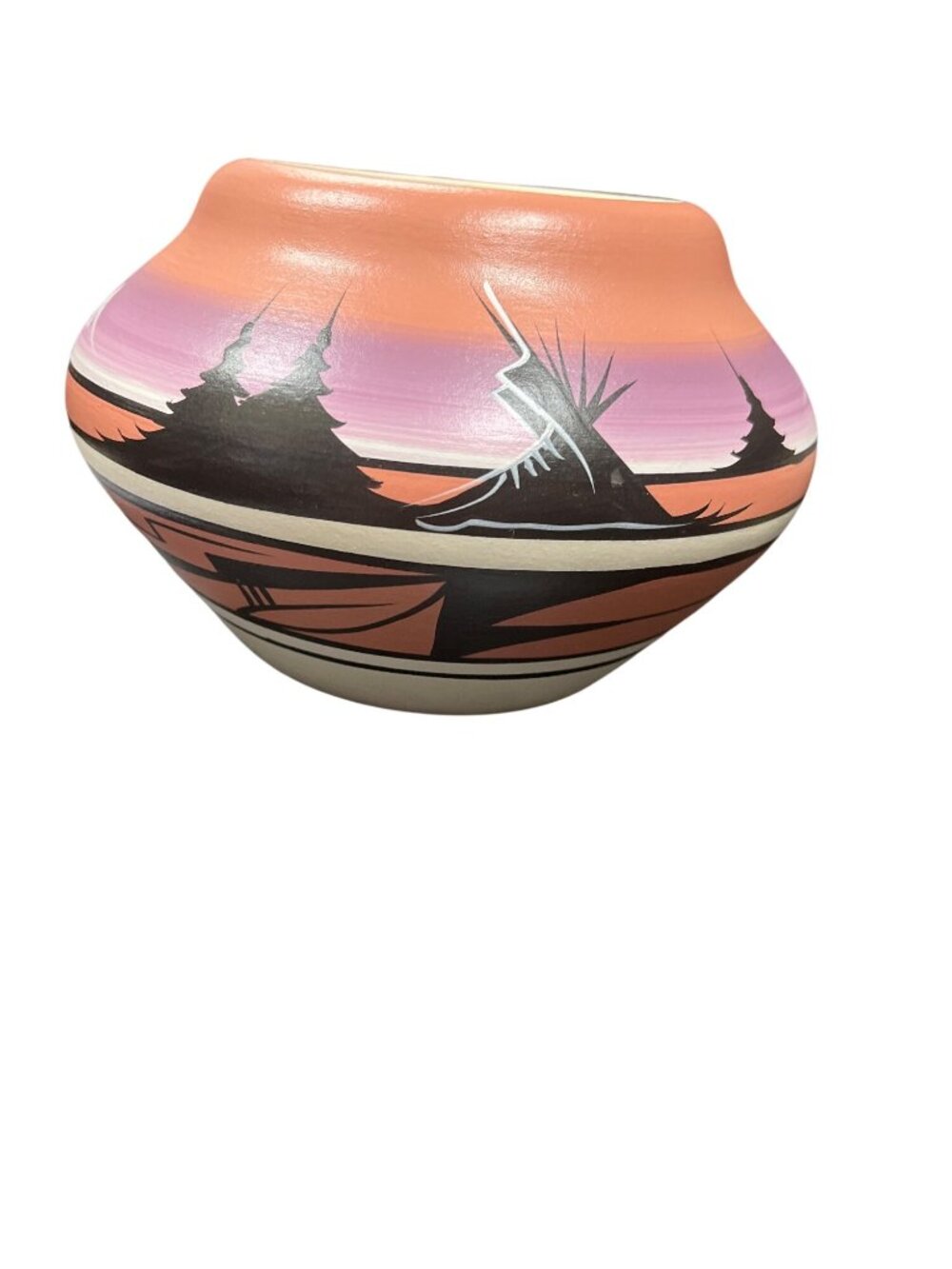 Southwestern Navajo style ceramic village theme vase bowl 5"x6.5"x3.5" SKU 10-29